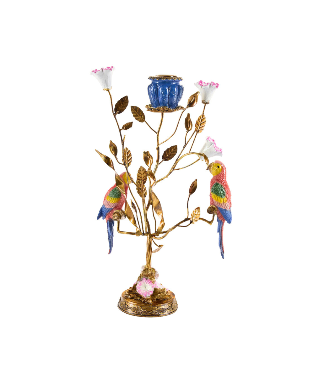 Lysestage med fugle og grene, blå - H38 cm